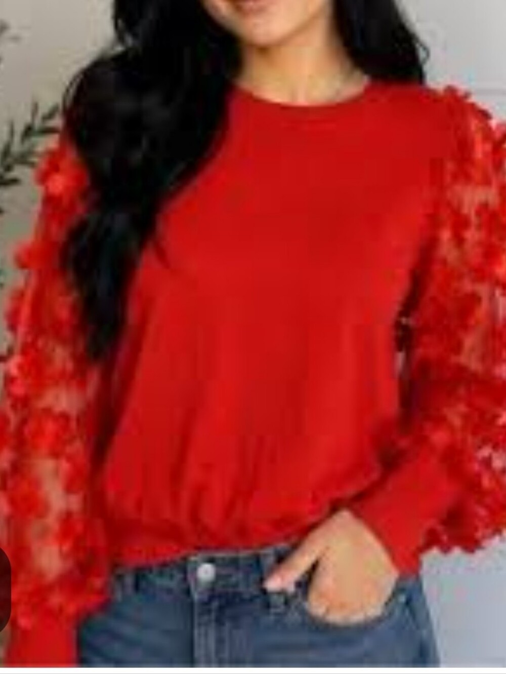 Vine & Love Red Tulle Sleeve Pullover Sweater Size L